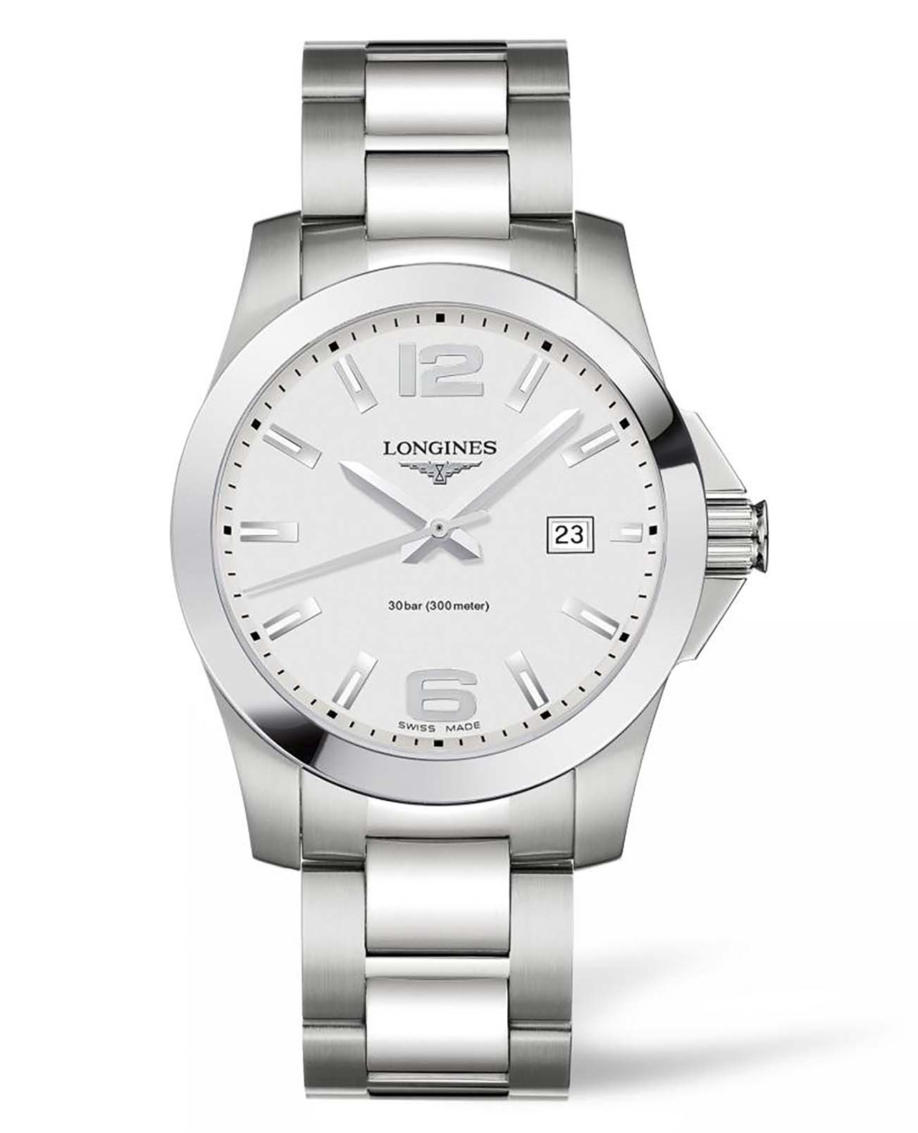 Longines Longines Conquest L3.759.4.76.6  L37594766 кварцевые мужские часы белый циферблат, браслет нержавеющая сталь — вид спереди